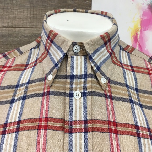 Brooks Brothers Regent Short Sleeve Plaid Irish Linen Button‎ Down Shirt Men L - Picture 2 of 7